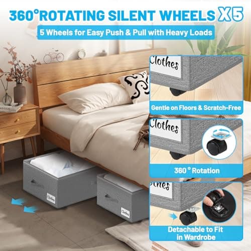 Kukikan Under Bed Storage on Wheels, 2-Pack 24 CM XXL 75L Rolling Under Bed Storage Bag with Zip, Simple Assembly Under Bed Storage Box with Lid & Label, Under Bed Drawers for Clothing, Shoes, Grey — view 4