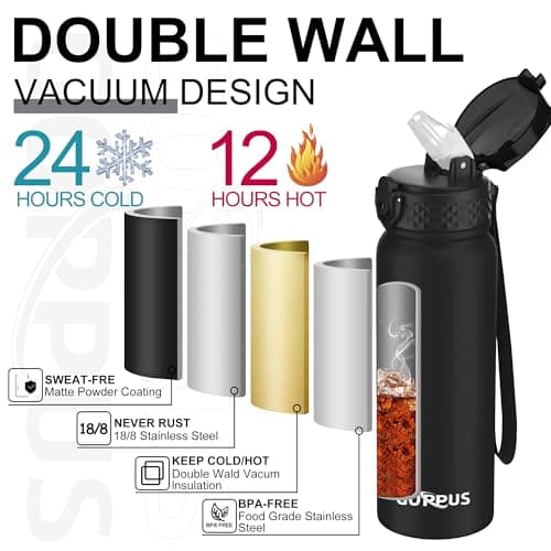 GOPPUS 600ml/20oz Stainless Water Bottle with Straw Double Wall Insulated Bottles with Strap One Hand Open Vacuum Thermal Flask with Flip Top Lid Leakproof Keep Cold Drinks BPA Free (Black) — view 5