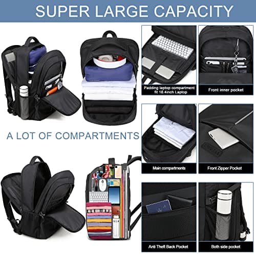 18.4 Laptop Backpack,Extra Large Travel Backpack for Men 55L,Water Resistant Laptop Backpack Work bag with USB Charging Port Business TSA Approved Computer Rucksack for Men Women College School,Black — view 3