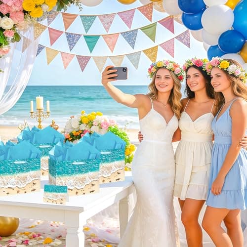 Beach Gift Bag with Tissue Paper and Card Summer Beach Goodie Candy Bags Seashell Blue Ocean Wave Summer Pool Party Favors Supplies for Holiday Birthday Wedding Luau Tropical Party — view 2