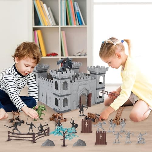 deAO Ancient Military Soldier Set for Kids, 76 PCS Medieval Castle Knight Army Men Toys Playset with Castle, Soldiers, Shield Cart, Ladder, Flying Dragon and Battlefield Accessories for Boys and Girls — view 3