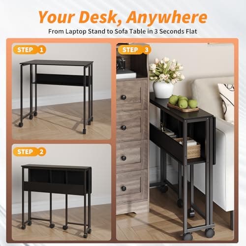 Djioyer Folding Desk with Storage Shelf, Space Saving Computer Desk, Foldable Writing Table on Wheels, Writing Study Desk, Easy Assembly, for Home Office Small Space Black — view 5