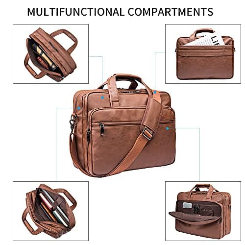 seyfocnia Leather Laptop Bag, Men's 15.6 Inches Messenger Briefcase Business Satchel Computer Handbag Shoulder Bag Fits 15.6 Inch Laptop Computer (Brown) — view 4