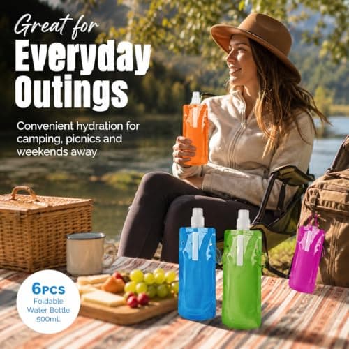 Trevixor 6Pcs Collapsible Water Bottle, Foldable Water Bottle, Festival Water Bottle Set, Reusable Folding Water Pouches with Clips for Travel, Events and Outdoor Use — view 3