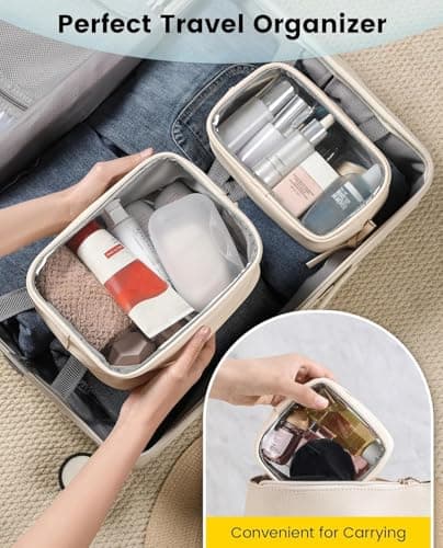 3-Piece Travel Makeup Bag Clear Waterproof Toiletry Bag Set Large, Medium Small Sizes Travel Toiletry Organizer Pouch Cosmetic Storage for Bathroom (Beige) — view 6