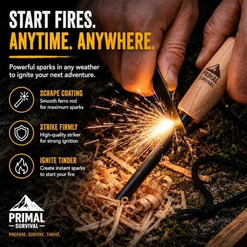 PRIMAL SURVIVAL Fire Starter Kit | 10mm Ferro Rod & Fire Steel with Striker | Flint and Steel Fire Starter for Bushcraft, Camping, Hiking & Outdoor Use | Wooden Handle — view 2