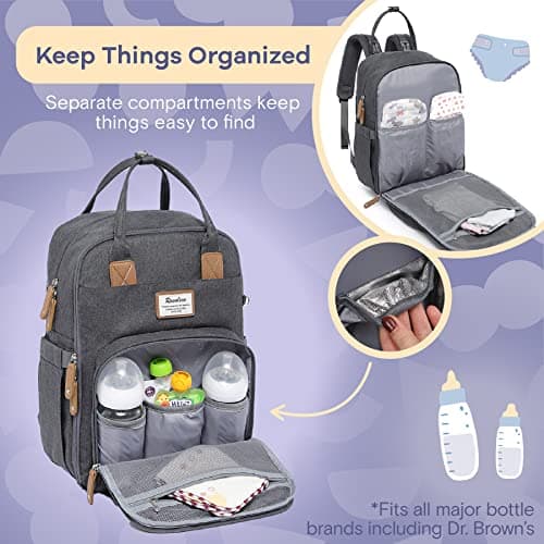 RUVALINO Baby Changing Bag Backpack, Neutral All-in-One Baby Bags for, Multifunction Large Travel Backpack with Portable Changing Pad, Stroller Straps, Pacifier Case and Insulated Pockets, Dark Gray — view 4