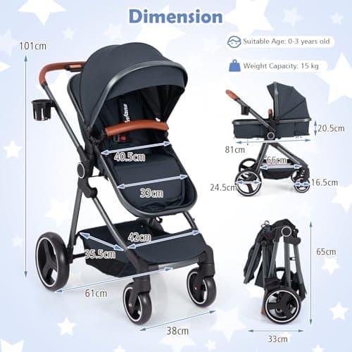 GYMAX Foldable Baby Stroller, All in One Toddler Pushchair with Adjustable Backrest/Canopy and Storage Bag, Portable Convertible Buggy Pram for Newborns (Dark Blue, with footmuff: 89 x 58 x 101 cm) — view 6