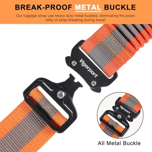 Vigorport Luggage Straps for Suitcases 2 Pack, Heavy Duty Metal Buckle Luggage Belt Strap, TSA Approved Suitcase Belt, Stretchable Travel Strap for Luggage (Orange, 72''L & 79''L) — view 3