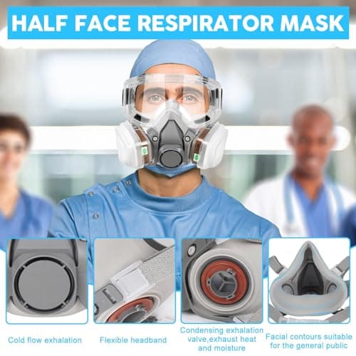 LAMANICE Respirator Mask with 10Pcs Filter Cottons, Goggles and Earplug, for Organic Vapors, Chemicals, Sanding, Welding, Woodworking, Paint, Dust, Formaldehyde (Grey) — view 5