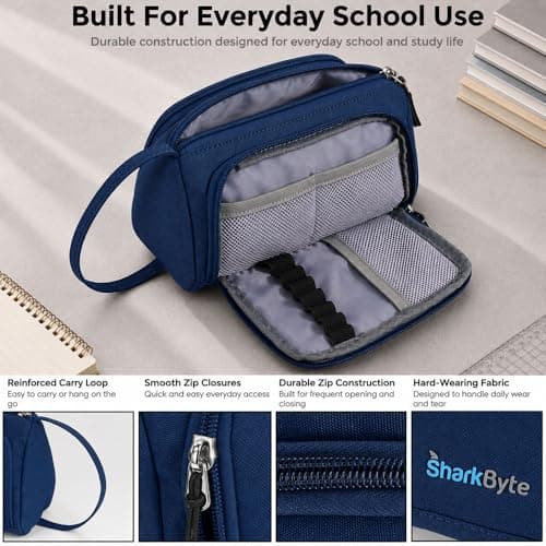 SharkByte Large Pencil Case Organiser, Big Capacity Study & Revision Stationery Storage Pouch with Compartments, Student Pen Holder for School, College, University, Accessories & Travel Supplies — view 4