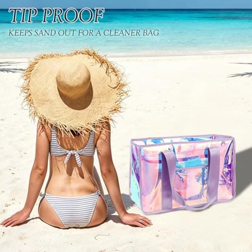 Fammart Iridescent Clear Beach Bags Waterproof Sandproof for Women, Large Jelly Tote Zipper Pool Bag Cruise Essentials 2026, Large - Iridesent Purple, L, Fashion — view 5