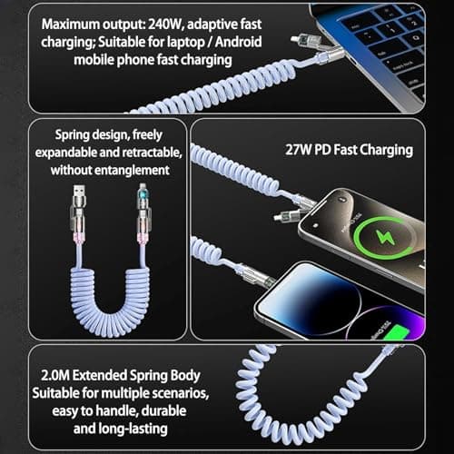 240w 4-in-1 Retractable Coiled Charging Cable, Vehicle-Mounted Spring Data Cable, Universal 78in Multi-Port Charger Cord, Multi-Port Charger Cord for All USB-Compatible Devices (Gold) — view 3