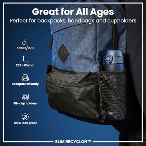 Ion8 Water Bottle, 500 ml/18 oz, Leak Proof, Easy to Open, Secure Lock, Dishwasher Safe, BPA Free, Hygienic Flip Cover, Carry Handle, Fits Cup Holders, Easy Clean, Odour Free, Carbon Neutral, Navy — view 2