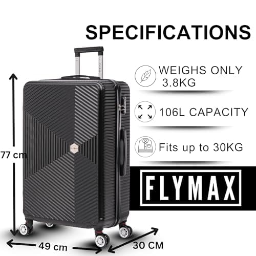 FLYMAX 29" Large Suitcases on 4 Wheels Lightweight Hard Shell Luggage Durable Check in Hold Luggage Built-in 3 Digit Combination Black 106L — view 3