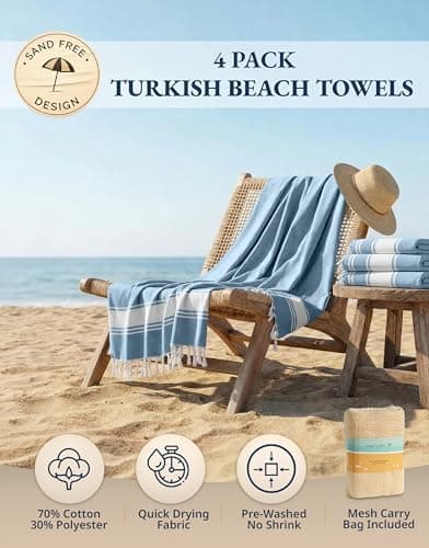 LANE LINEN Oversized Turkish Beach Towels – 4 Pack, 39"x71" Cotton Rich & Quick Dry Travel Towels for Adults, Lightweight & Pre-Washed for Soft Feel, Sky Blue — view 2