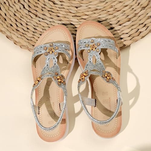 LUNATECH Summer Sandals For Women Flat Sandals Ladies Sandals Summer Shoes Dressy Casual Sandals Bohemian Sandals (SILVER, Adult, Women, 7, Numeric, UK Footwear Size System, Medium) — view 2