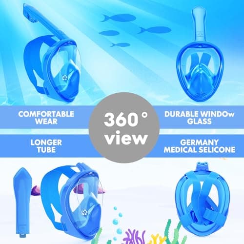 Kids Snorkel Mask Full Face, Snorkeling Gear for Kids 3-14 with Camera Mount, 180 Degree Panoramic View Snorkeling Set Anti-Fog Anti-Leak (Blue+Black) — view 5