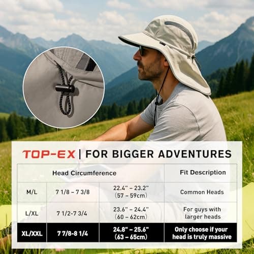 TOP-EX M/L/XL/XXL Unisex Mens Sun Hat with Neck Flap Sunglass Lock UV Protection Summer Hats Wide Brim Outdoor Fishing Hats Waterproof & Packable Dark Grey M/L — view 6