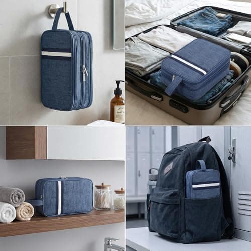Premium Travel Wash Bag for Men & Women, Wet & Dry Separation Toiletry Bag, Water-Resistant Bathroom Organiser Double Zipper Shaving Bag with Carry Handle - Navy Blue — view 5