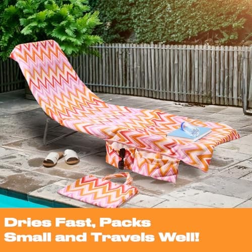 Brentfords Sun Lounger Towels with Pockets, Soft Quick Dry Towel Absorbent Lightweight Large Beach Towel in a Bag for Travel Poolside Beach Days Holiday Accessories, 75 x 215cm - Orange Zigzag — view 4