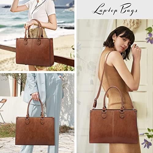 LOVEVOOK Laptop Bags for Women,15.6 Inch PU Leather Tote Bag with Wristlet Pouch, Retro Ladies Handbag Shoulder Bag Briefcase for Work School Office Business,Brown — view 2