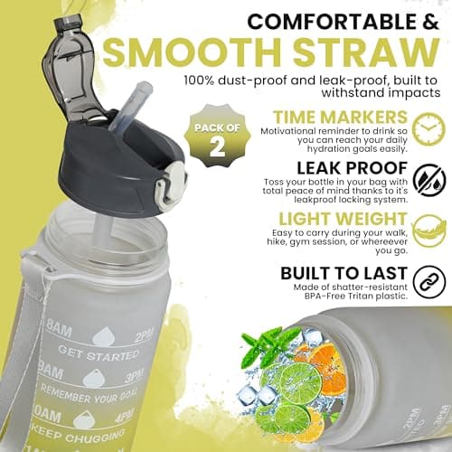 Pack of 2 Water Bottle with Straw 750ml – Leakproof BPA Free Sports Water Bottle for Gym, School & Travel – Motivational Drinking Bottle with Time Markings for Kids & Adults (Black-Yellow/Grey, 750ml) — view 3