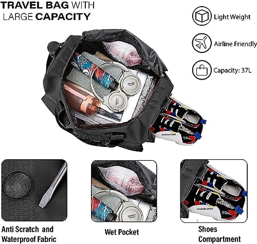 CarryFitness® Sports Gym Bag Duffle Bag with Shoes Compartment, Waterproof Weekend Bags for Women and Men, Hand Luggage Bag, Lightweight Holdall Hospital Overnight Bag - Black 37L — view 4
