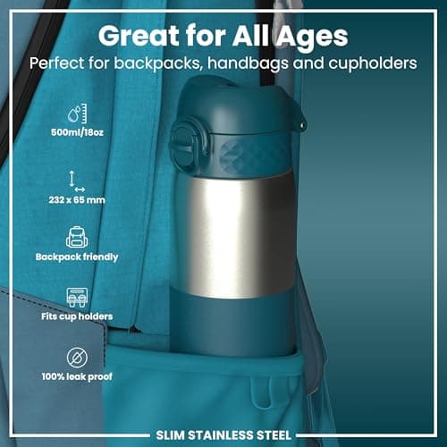ION8 Lightweight Steel Water Bottle, 600ml/20oz, Non-Insulated, Leak Proof, Easy to Open, Secure Lock, Dishwasher Safe,Flip Cover, Fits Cup Holders,Carry Handle, Metal Water Bottle, Half Cut Deep Teal — view 2