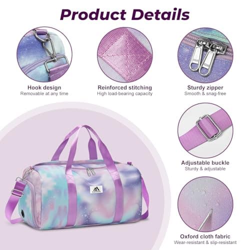 Flintronic Small Gym Bag for Girls Kids, Sports Duffel Bag for Gym, Gym Bag with Adjustable Shoulder Straps, Women's Fitness Bag with Shoe Compartment & Wet Pocket for Gym Swim Dance (Purple) — view 3