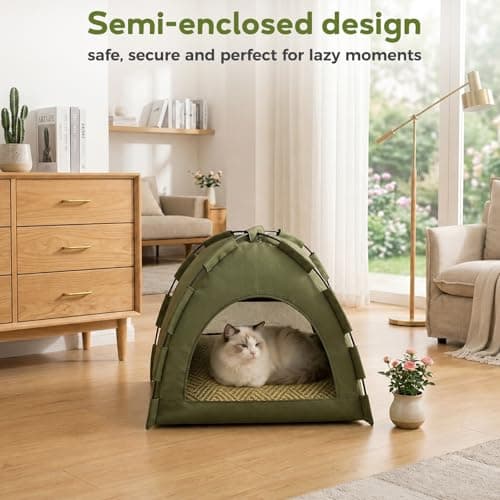 Auveach Cat Tent Cave, Pop up Foldable Pet Tent with Removable Double-sided Bed Mat for Cats & Puppies, Breathable Mesh Hole, Indoor Outdoor Travel, Green, 42 * 42 * 40cm — view 5