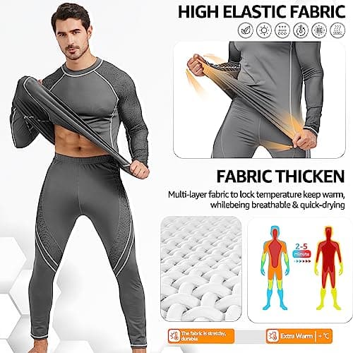 UNIQUEBELLA Mens Thermal Underwear Set Long Sleeve Tops Long Johns Thermal Base Layer Bottom Fleece Lined Quick Drying — view 3