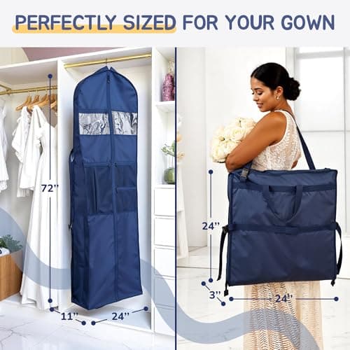 Sturdy Oxford polyester fabric - Wedding Dress Garment Bag - Shoulder Strap - Accessory Pockets - Attaches to Suitcase – Waterproof – Trifold – Designed for Full Skirts (Blue) — view 4