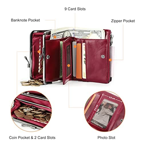 CONTACTS Womens RFID Wallet with Kiss Lock,Genuine Leather Ladies Compact Bifold Coin Purse with Zip Pocket Vintage,Credit Card Holder Small Clutch with ID Window Red — view 4
