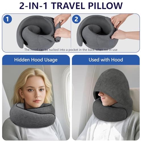 Vutlace Travel Pillow with Hood, 360° Memory Foam Neck Pillow Set, Orthopedic Pillow, Travel Essentials for Flying, Kit with 3D Contoured Sleep Mask, Head & Neck Relief, Earplugs and Mesh Bag (Grey) — view 6