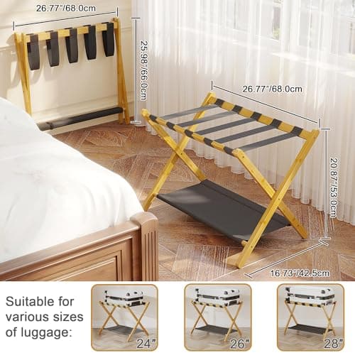 BAMBOOHOMIE Bamboo Luggage Rack for Guest Room, 26.77" Folding Wide Suitcase Stand with Fabric Storage Shelf, Luggage Stand Holder for Bedroom Hotel, Luggage Rack for Suitcasess (2 Pack - Natural) — view 5