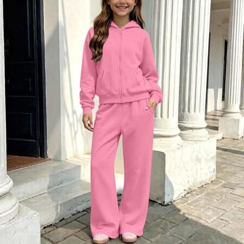 Slxbear Pink Girls 2 Piece Tracksuit Kids Zipper Hooded Tops Elastic Waist Trouser Outfits Long Sleeve Coat Wide Leg Pants Casual Sweatsets Solid Loose Soft Lightweight Travel Sets 13-14 Years — view 3