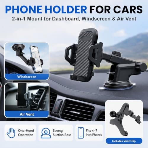 Laven & Ivory Car Phone Holder for Cars, 2-in-1 Dashboard & Air Vent Phone Holder for Car, 360° Adjustable Strong Suction Car Phone Mount, One-Button Release for iPhone & Android 4–7 Inch — view 2