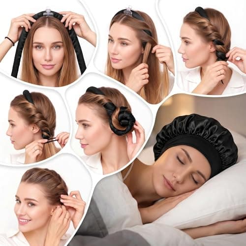 Thin Heatless Curling Rod Set for Overnight Curls, No Heat Hair Curler with Satin Bonnet, Soft Sleep Curlers for Long & Short Hair, Satin Heatless Curler Kit with Scrunchies & Hair Clip (Black) — view 4
