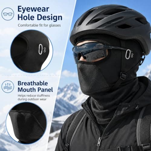 DOINEUFL 2 Pack Balaclava for Men Women, Thermal Fleece Ski Mask with Glasses Hole, Winter Hooded Face Cover with Drawstring for Motorcycle, Cycling, Snowboarding and Running Black — view 3