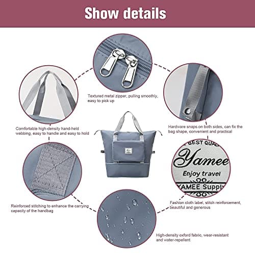 YAMEE Large Capacity Folding Travel Bag, Lightweight Waterproof Carry on Luggage Bags with Fixed Strap, Dry and Wet Separation Foldable Duffel Bag for Weekender Overnight Sports Gym (Blue), One Size — view 5