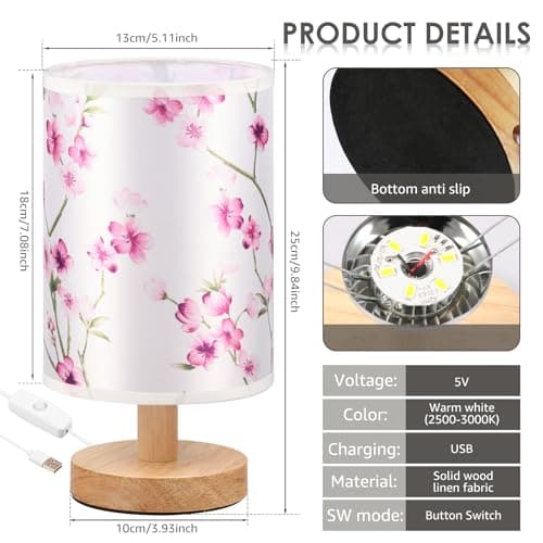 GUIJZSLTRG Table Lamp USB Wooden Bedside Night Lamp with Linen Fabric Lampshade Minimalist Lamps Decorative Bedroom Nightstand Light Vintage Small Nightlight LED Lamp for Home Office Hotel Gift — view 2