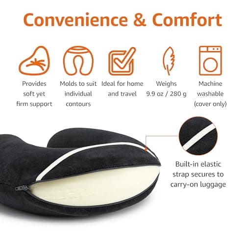 Amazon Basics Semicircular Memory Foam Travel Neck Pillow with Removable Cover and Elastic Carrying Strap, Black — view 2
