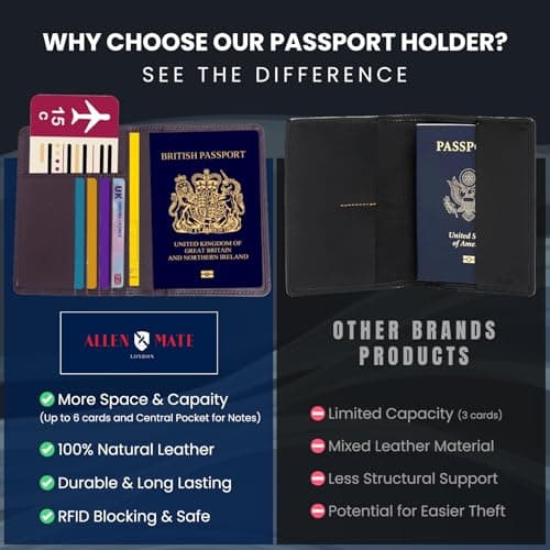 ALLEN & MATE Passport Holder Travel Wallet, 100% Leather RFID Blocking Travel Document Organiser for Men & Women — view 6