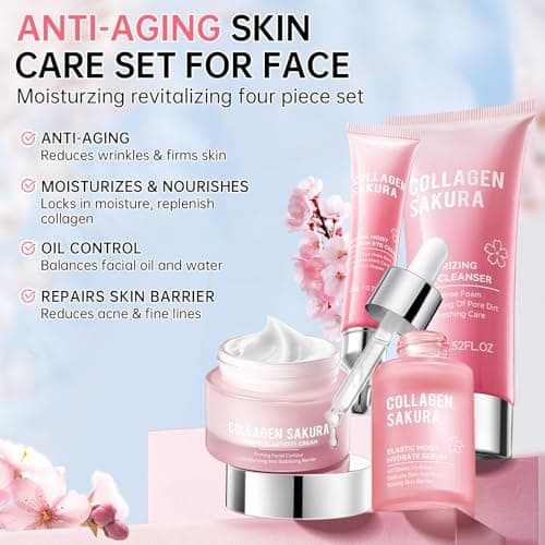 JAPAN SAKURA Skin Care Set, Cherry Blossom Skincare Set for Teen Girls & Women, Moisturizing & Repairing Skin, 4 Pcs Collagen Skin Care Kits for Travel with Facial Cleanser, Serum, Cream & Eye Cream — view 2