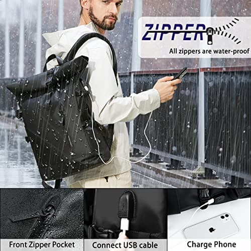 hk Roll Top Backpack Large 15.6 Inch Laptop Backpack with USB Port — view 5