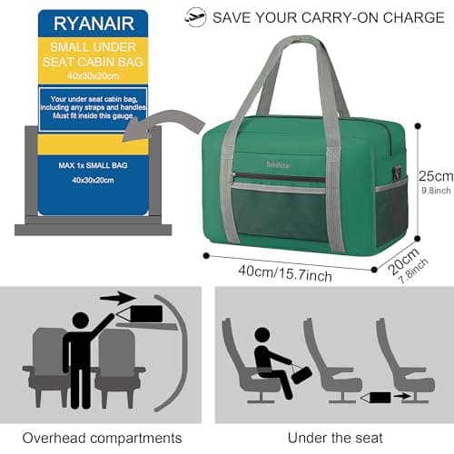 for Ryanair Airlines Cabin Bags 40x30x20 Underseat Holdall Travel Bag 20L Carry on Hand Luggage Weekend Bag with Shoulder Strap for Women and Men (Teal Blue) — view 2