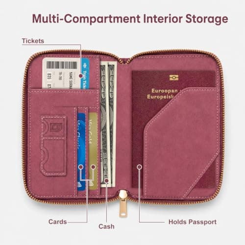 RFID Blocking Zip Passport Holder, Suede Faux Leather Travel Wallet, Anti Theft Multi Slot Passport Cover with Card Cash Ticket Slots, Plane Embossed Travel for International Trips, Dusty Rose Pink — view 3