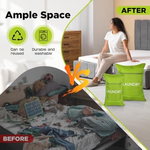 2 Packs Laundry Bags, Foldable Dirty Clothes Travel Laundry bag with Zipper, Washable Wet & Dry Organizer for Gym, Swimming, Yoga, Workout & Swimsuits（Neon Green（ Small+ Large）) — view 5