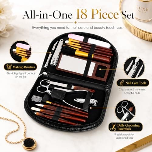 18 Piece Ladies Manicure & Makeup Set in Black Zipped Pouch – Complete Nail Care & Beauty Kit for Home & Travel – Multi Tool Grooming Set (black) — view 6